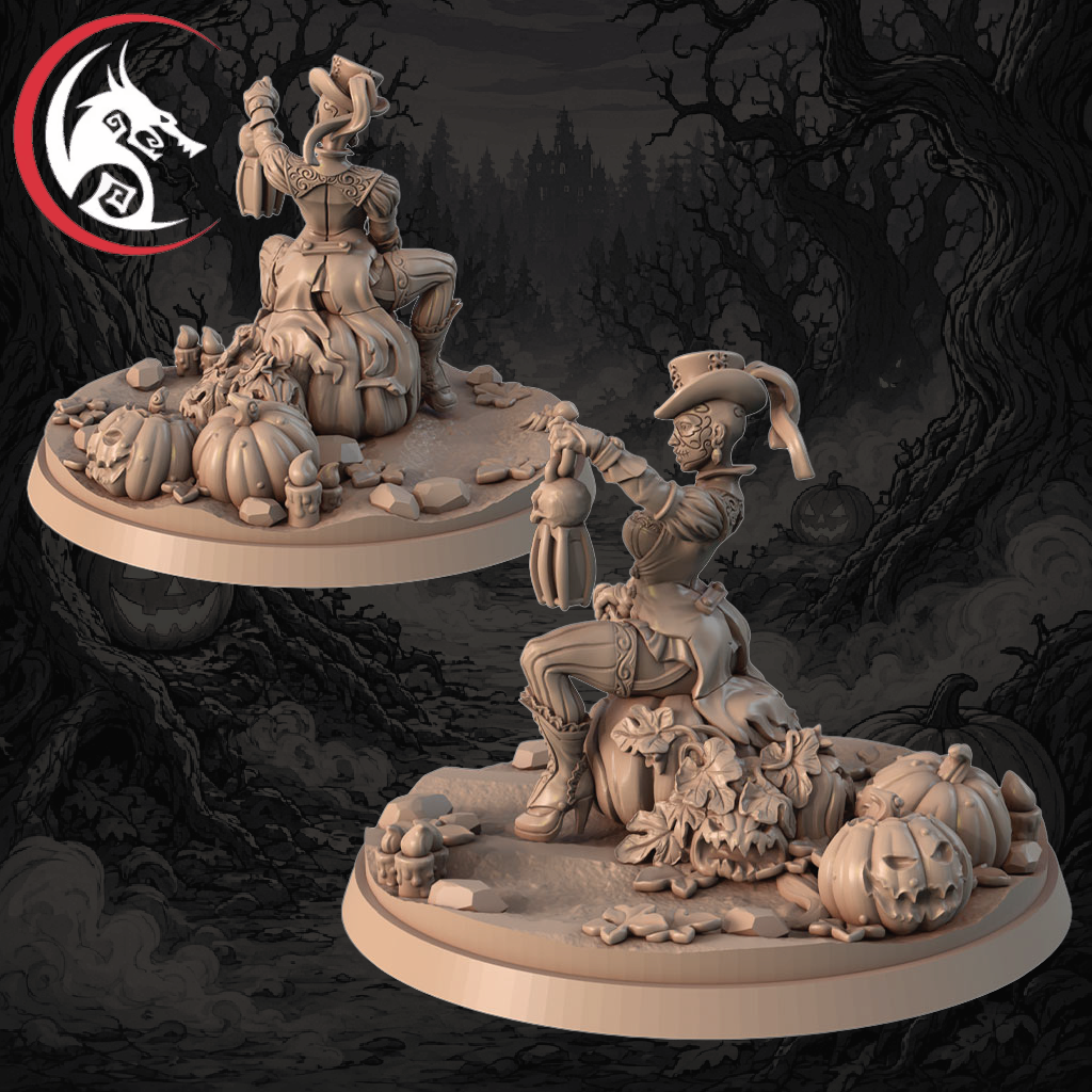 Two unpainted fantasy tabletop miniatures on round bases, shown against a dark illustrated forest background. One figure is seated on a rock holding a lantern, and the other stands above holding a staff, both in a warm light gray resin-like finish.