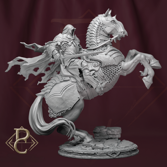 3D render of a dark knight mounted on a war horse rearing on its hind legs