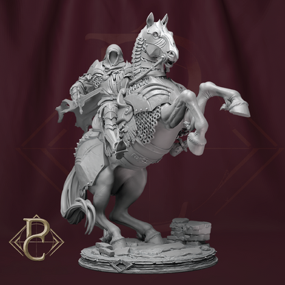 3D render of a dark knight mounted on a war horse rearing on its hind legs