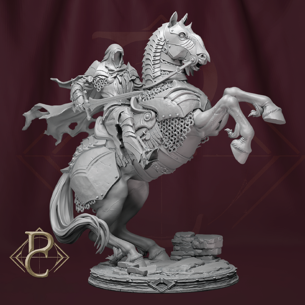 3D render of a dark knight mounted on a war horse rearing on its hind legs