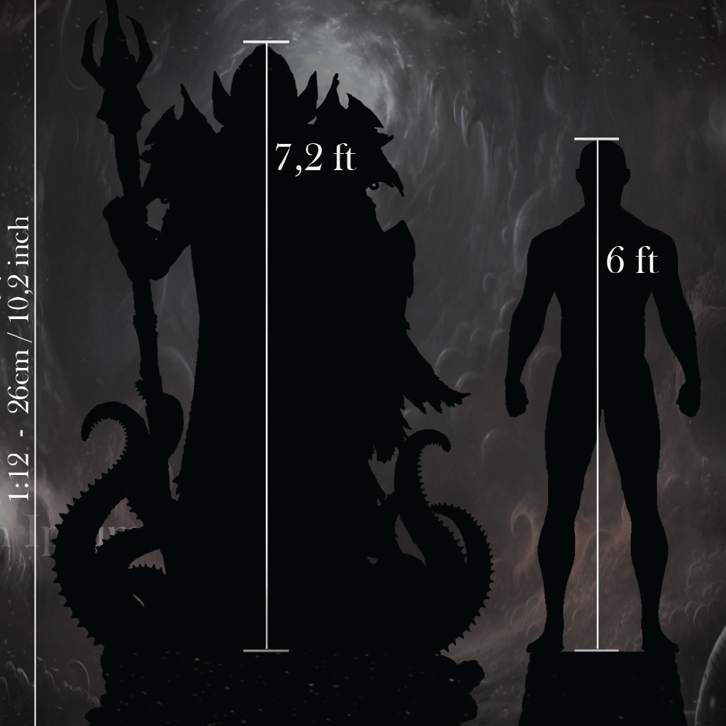 Silhouette comparison of a large creature and a person with measurements on a dark background