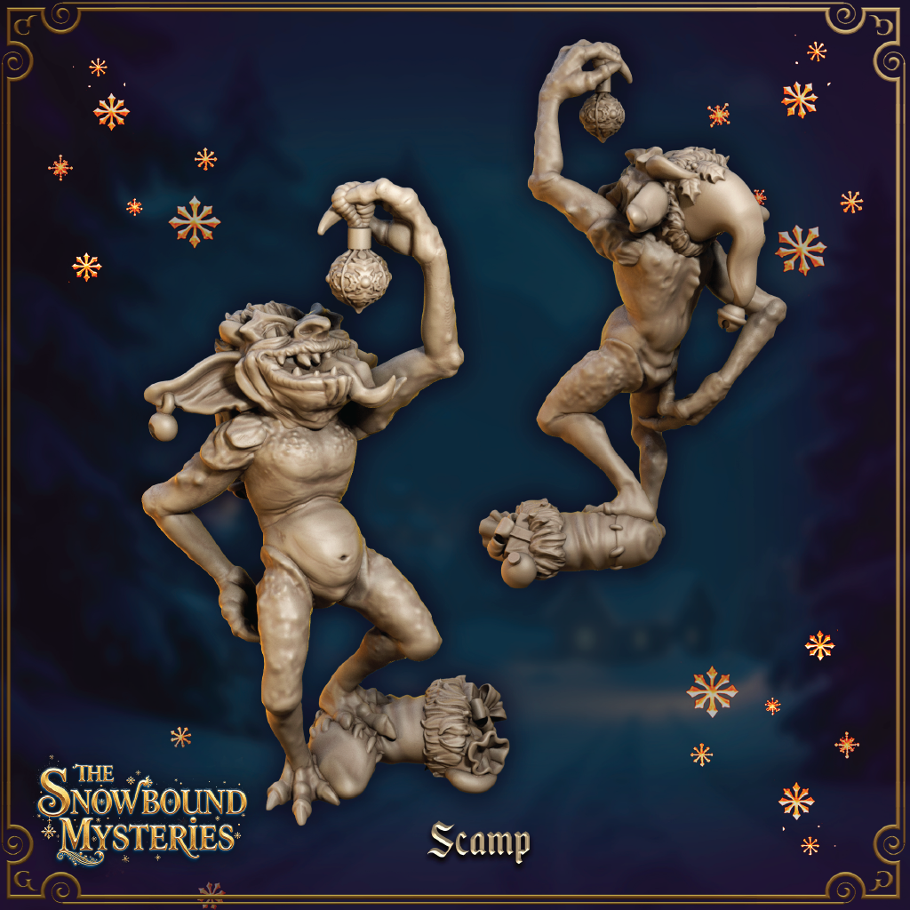 A render of a 3D model of a Christmas imp playing with ornaments.