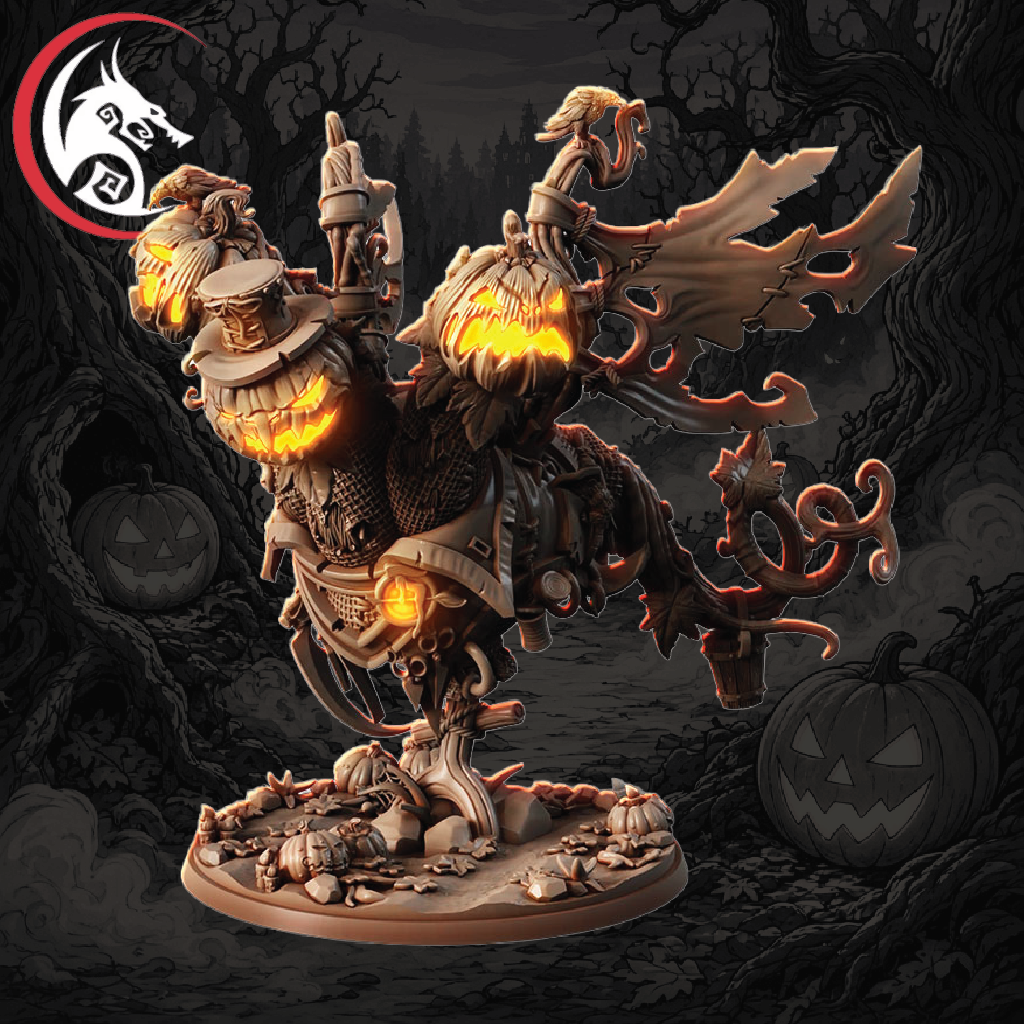 A Halloween-themed fantasy miniature figure mounted on a tree stump, with glowing jack-o'-lantern faces, a large severed wing, and a dark spooky forest background. A wolf-head logo appears in the top-left corner.