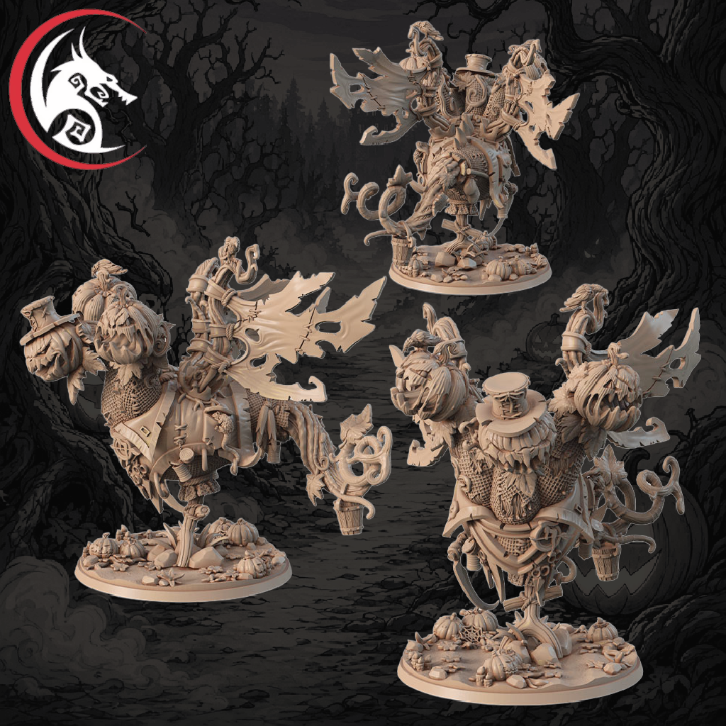 A Halloween-themed fantasy miniature figure mounted on a tree stump, with glowing jack-o'-lantern faces, a large severed wing, and a dark spooky forest background. A wolf-head logo appears in the top-left corner.