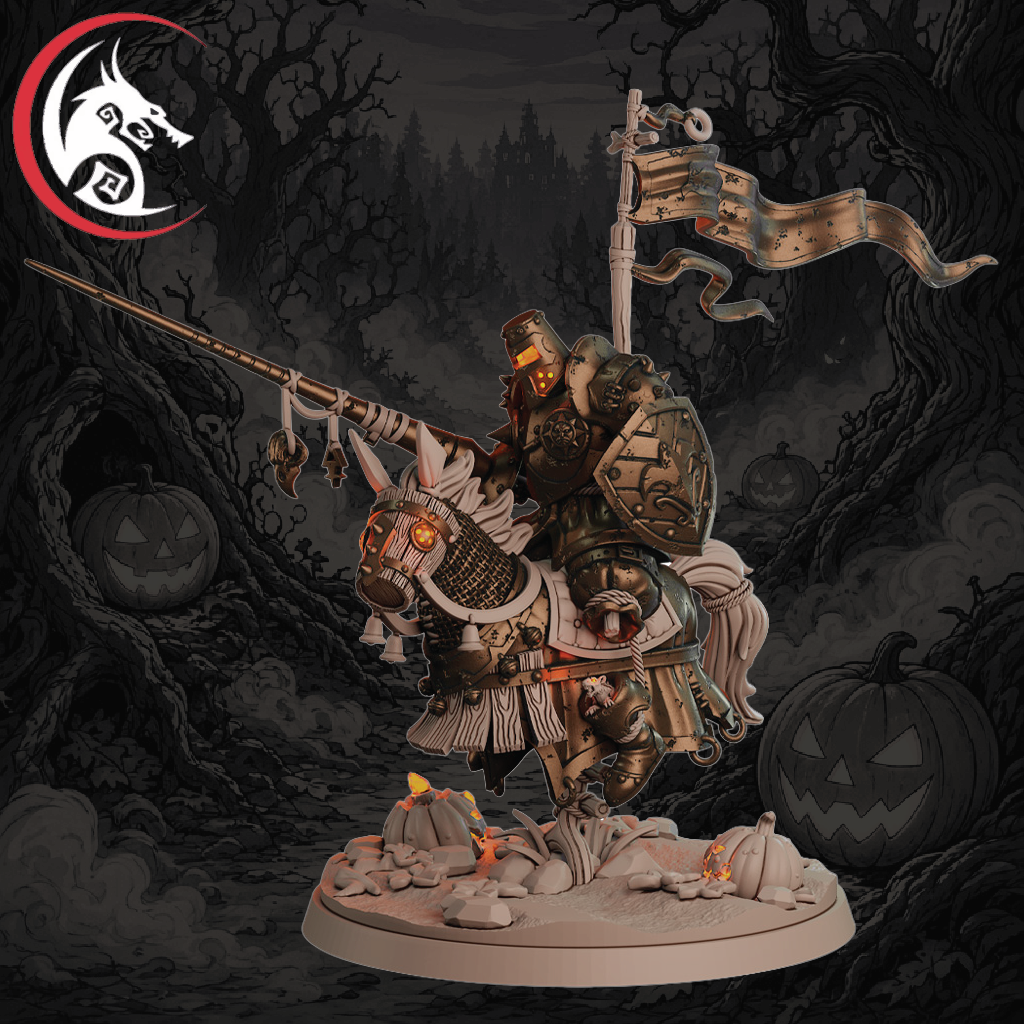 A painted fantasy miniature of a knight on a horse, shown on a round base against a dark illustrated background of gnarled trees and jack-o'-lanterns. The knight wears ornate armor and holds a banner on a pole.