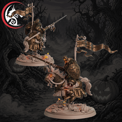 Two painted fantasy warrior miniatures posed on circular bases against a dark spooky forest backdrop with gnarled trees, a jack-o'-lantern, and a red-and-white dragon logo in the top-left corner.