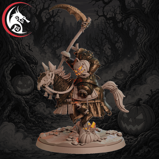 A fantasy tabletop miniature of a grim reaper knight in dark metallic armor riding a skeletal horse, holding a large scythe, set against a dark Halloween forest backdrop with jack-o'-lanterns. A red and black dragon logo is visible in the top-left corner.
