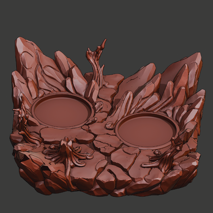 A 3D digital render of a decorative reddish-brown carved stone or ceramic planter with two circular recessed dishes, set against a solid dark gray background.