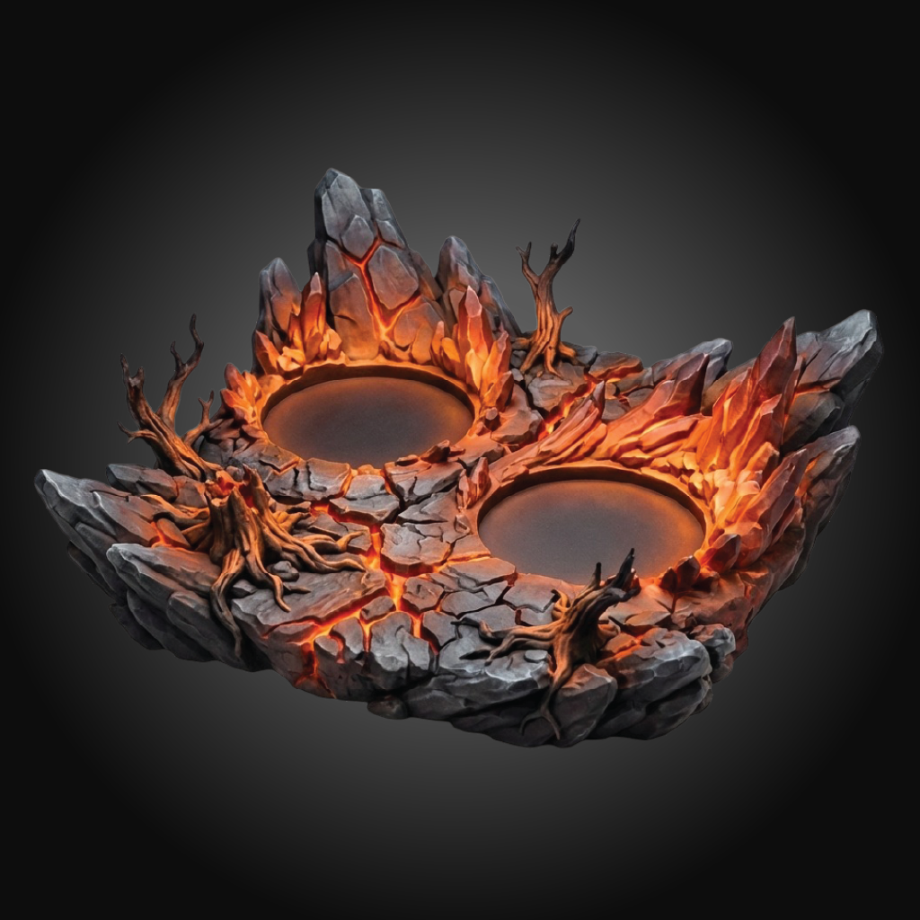 A fantasy tabletop terrain piece shaped like a jagged rock formation with two glowing orange fissures and small tree-like roots, shown on a dark gray gradient background.