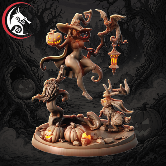 A Halloween-themed fantasy tabletop miniature figurine set on a round base, featuring a witch riding a skeletal horse, a winged lantern, a rabbit with antlers, and carved pumpkins, shown against a dark spooky forest background. A red and black wolf-head logo appears in the top-left corner.