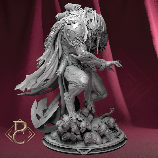 A monochrome gray fantasy miniature statue depicting a warrior with a large horned helmet and flowing cape, standing on a base with defeated figures, set against a dark red draped backdrop.