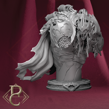 A grayscale 3D-rendered fantasy bust sculpture of a crowned figure with flowing cape details and ornate armor, shown against a draped burgundy background with a gold logo in the lower left corner.