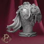 A grayscale 3D-rendered fantasy bust sculpture of a crowned figure with flowing cape details and ornate armor, shown against a draped burgundy background with a gold logo in the lower left corner.