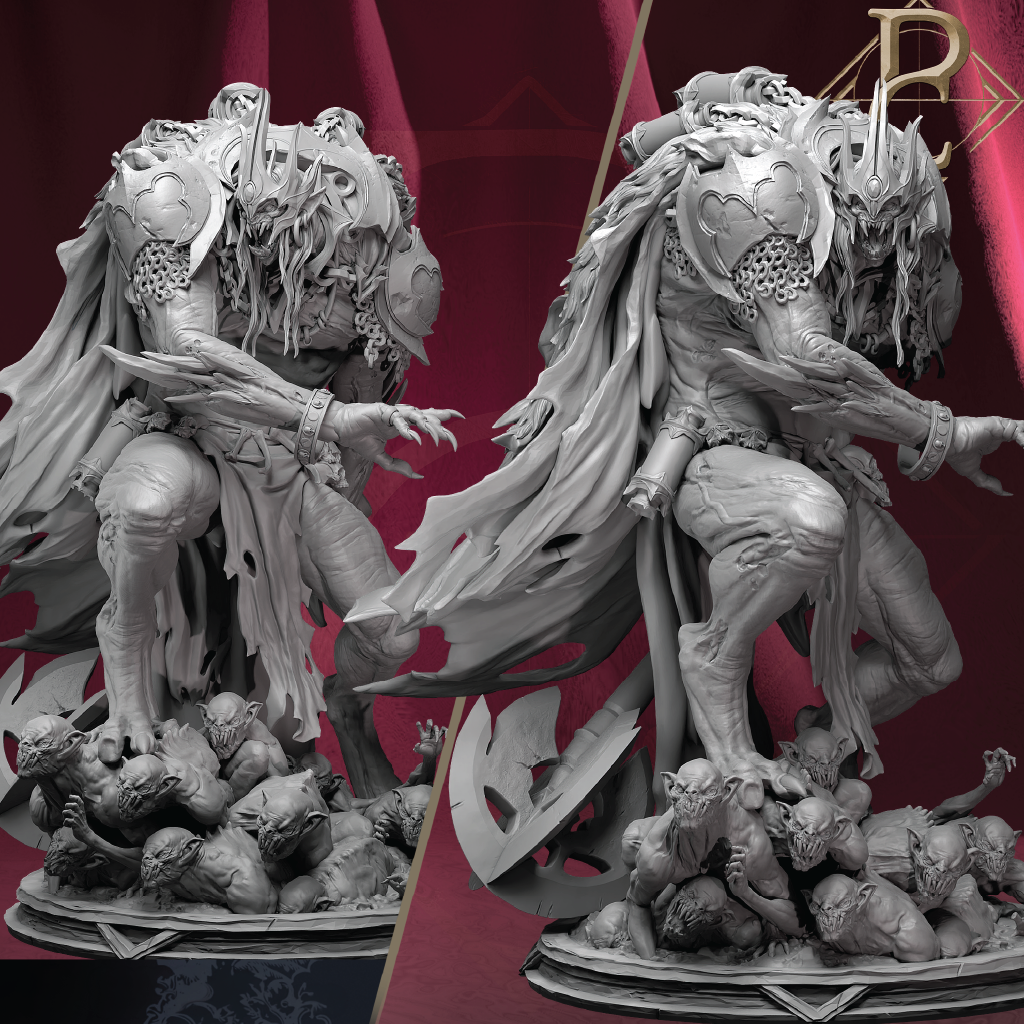 A detailed grayscale fantasy warrior statue shown from two angles against a dark red draped background. The figure is heavily armored, muscular, and mounted on a chaotic pile of smaller creatures, with a stylized 'AP' logo in the top right corner.
