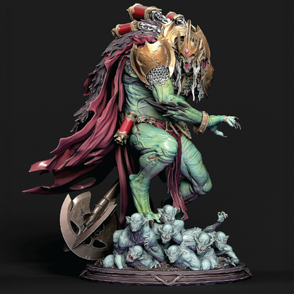 A detailed fantasy statue of a green-skinned demon warrior with a large gold helmet, red cape, and a battle axe, standing over small gray creatures on a dark background.