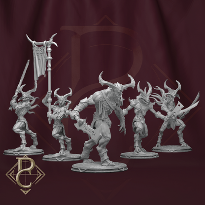 Set of fantasy figurines on a dark background with a logo in the corner.