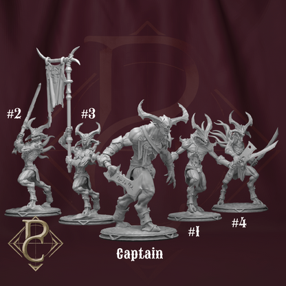 Set of five fantasy miniatures with labels on a dark background