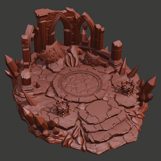 A 3D-rendered fantasy arena platform with ruined stone arches, jagged crystal spires, cracked floor textures, and a circular central arena ring, shown in a uniform reddish-brown color on a dark gray background.