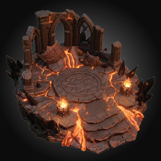 A circular fantasy arena platform with dark stone ruins, glowing orange lava fissures, embedded torches, and sharp black crystal spikes, shown on a dark gradient background.