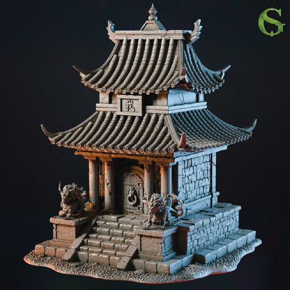 Model of a traditional East Asian pagoda with intricate details on a black background