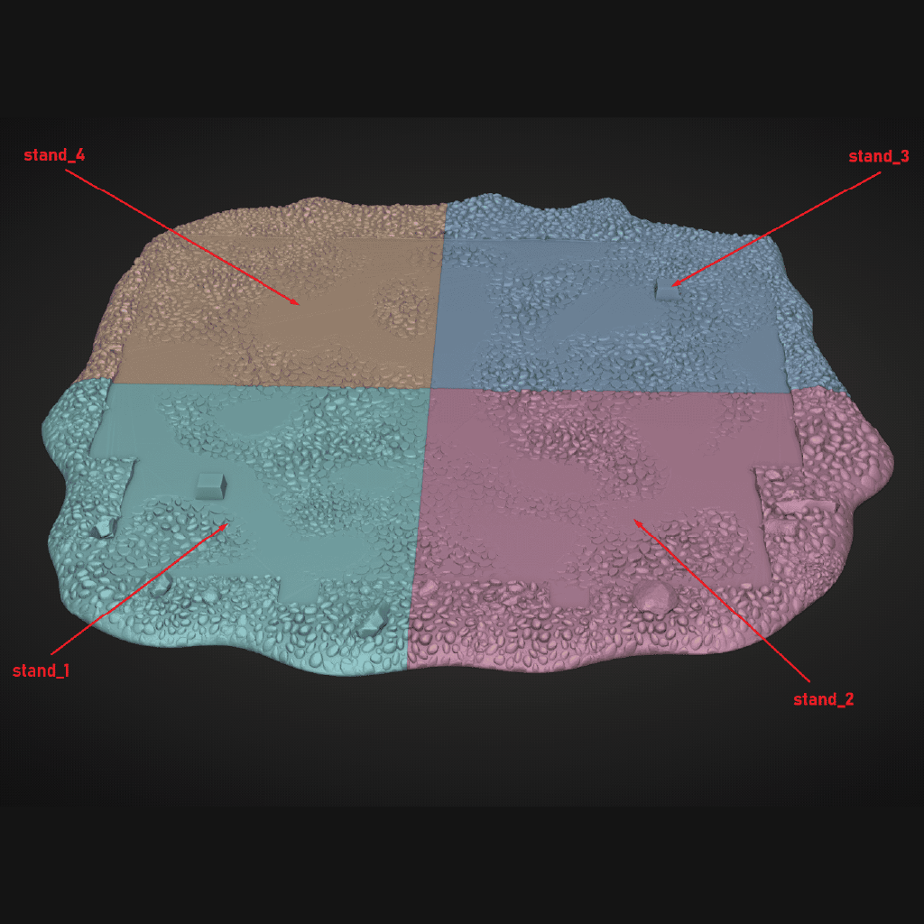 Geometric shape with labeled 'stands' on a black background