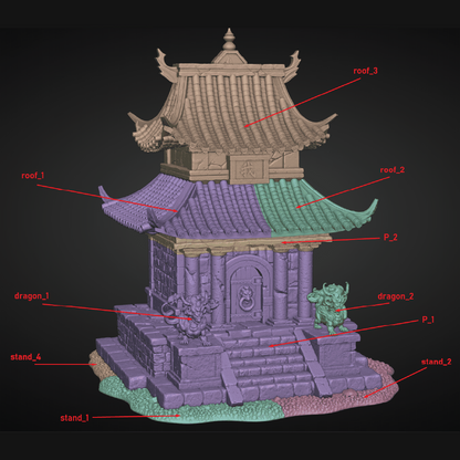 3D model of a pagoda with labeled parts on a black background