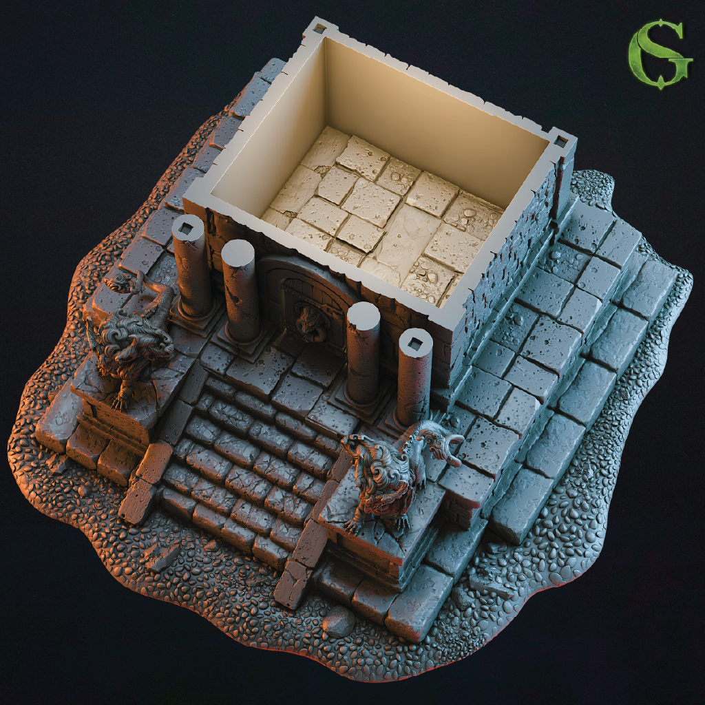 Model of a fantasy scene with stone architecture and figures on a dark background