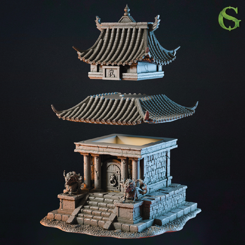 Model of a traditional East Asian temple with detailed architecture on a black background