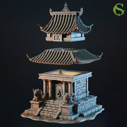 Model of a traditional East Asian temple with detailed architecture on a black background
