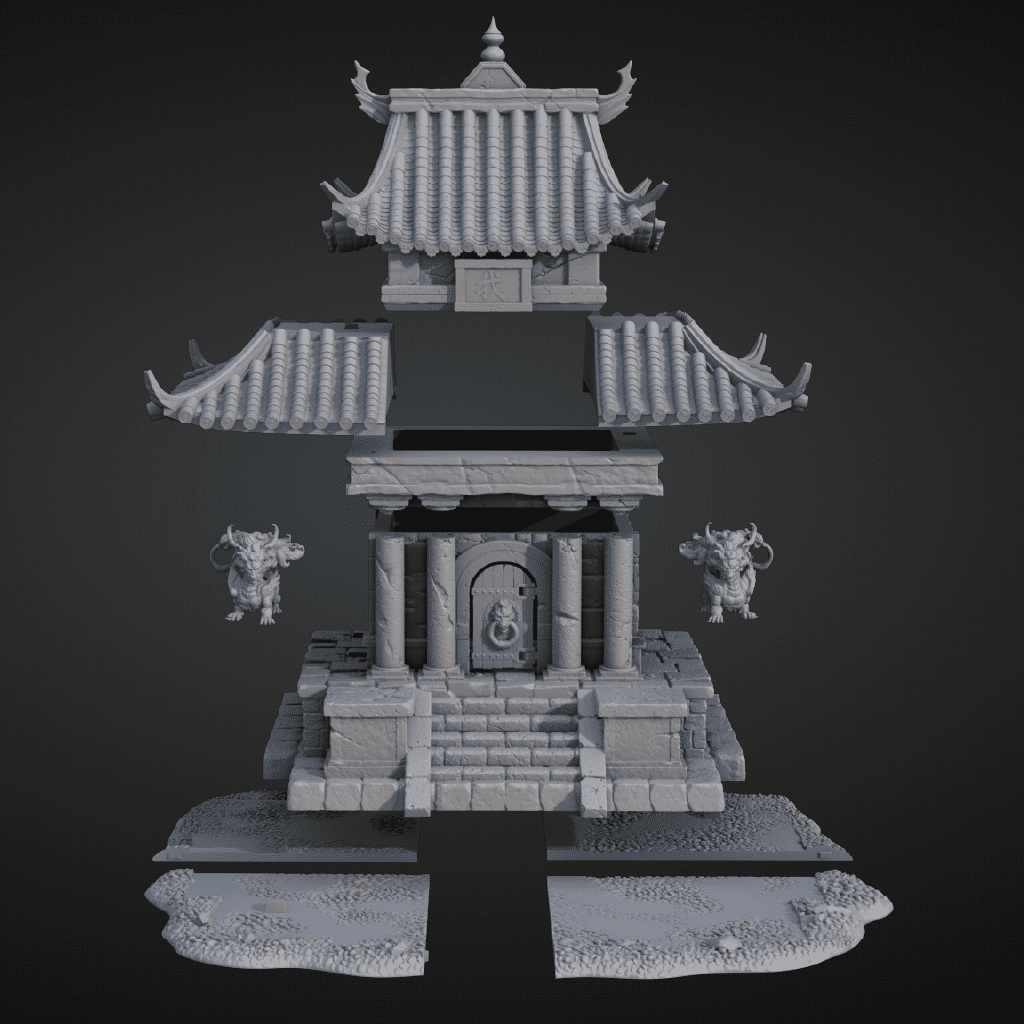 3D model of a traditional pagoda structure on a dark background