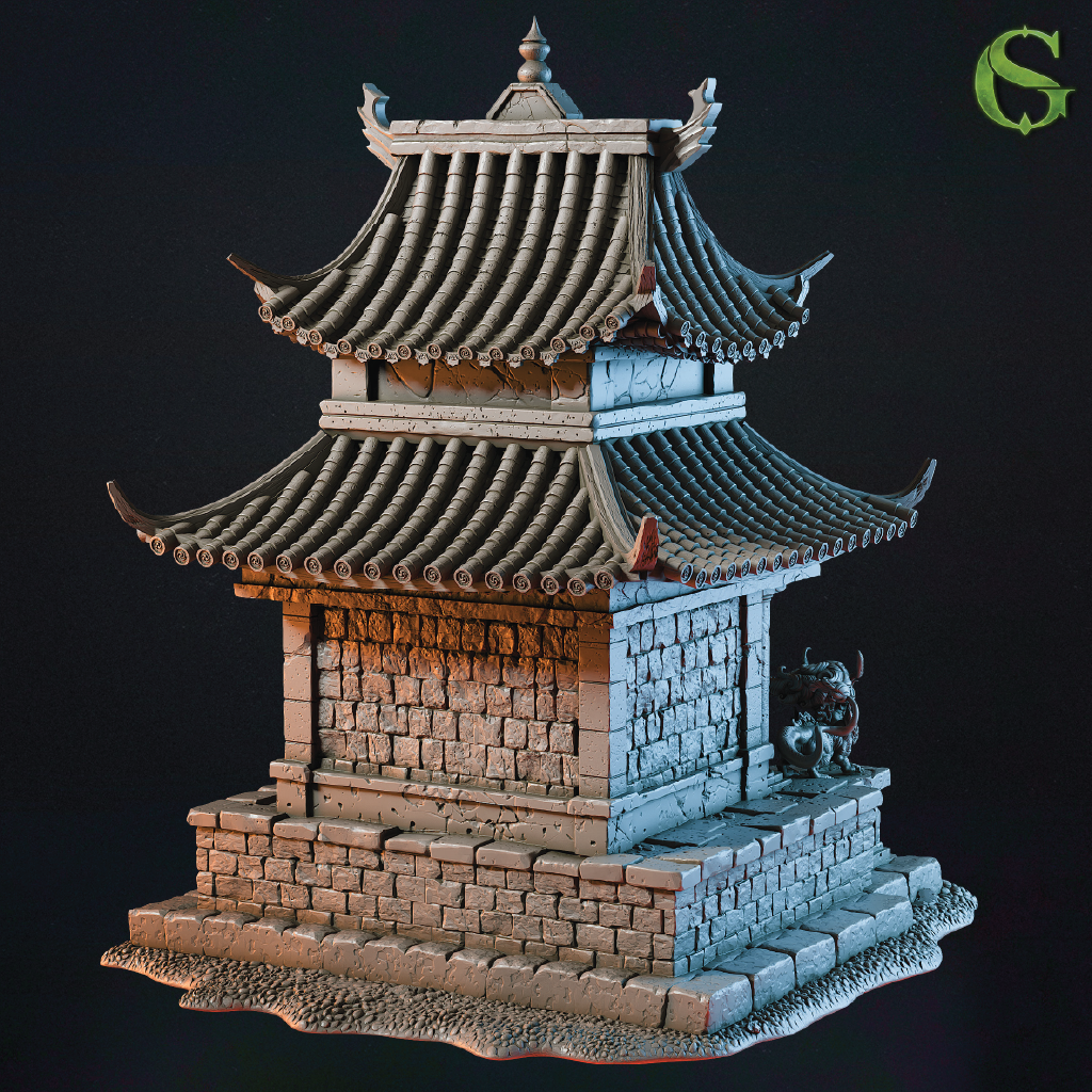 Model of a traditional pagoda with detailed roof and stone base on a dark background