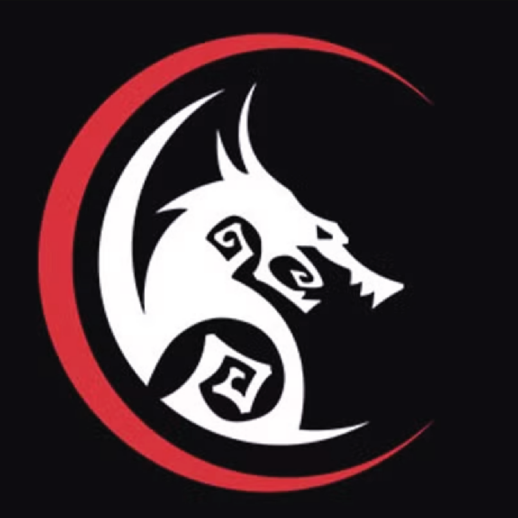 A stylized white dragon head logo inside a red circular swoosh on a black background.