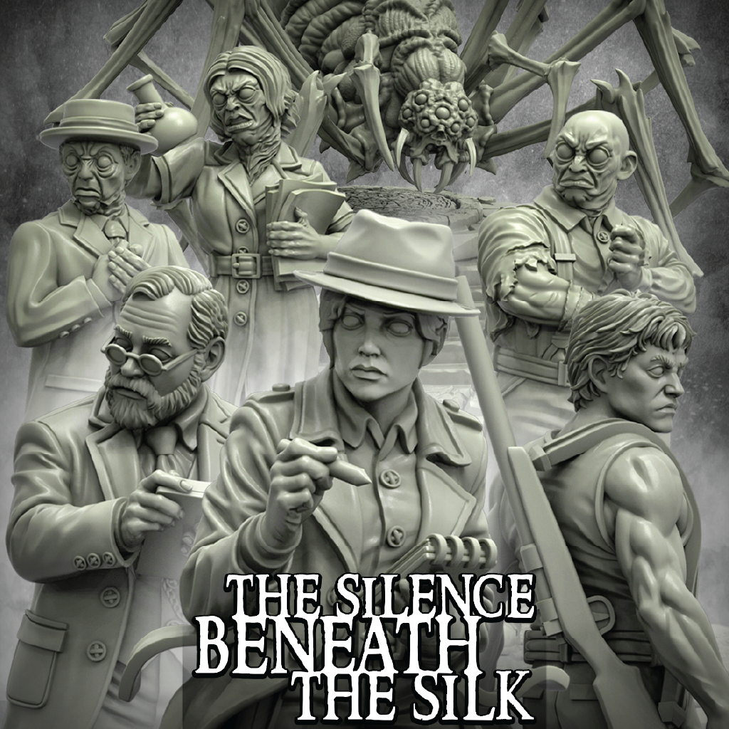 A monochrome fantasy illustration featuring multiple illustrated characters and a large spider-like creature above them, with the text 'THE SILENCE BENEATH THE SILK' at the bottom.