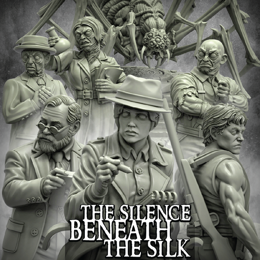 A monochrome fantasy illustration featuring multiple illustrated characters and a large spider-like creature above them, with the text 'THE SILENCE BENEATH THE SILK' at the bottom.