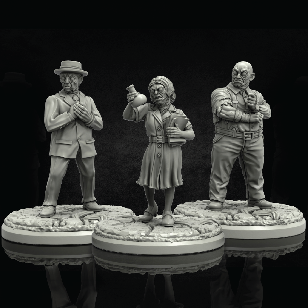Three unpainted gray fantasy tabletop gaming miniatures standing on decorative round bases against a black background.