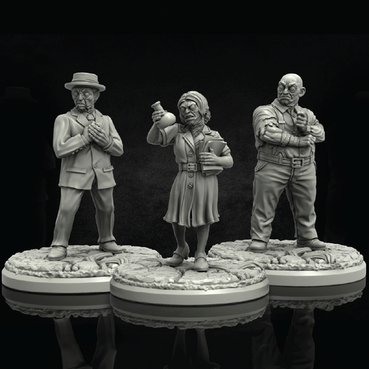 Three unpainted gray fantasy tabletop gaming miniatures standing on decorative round bases against a black background.