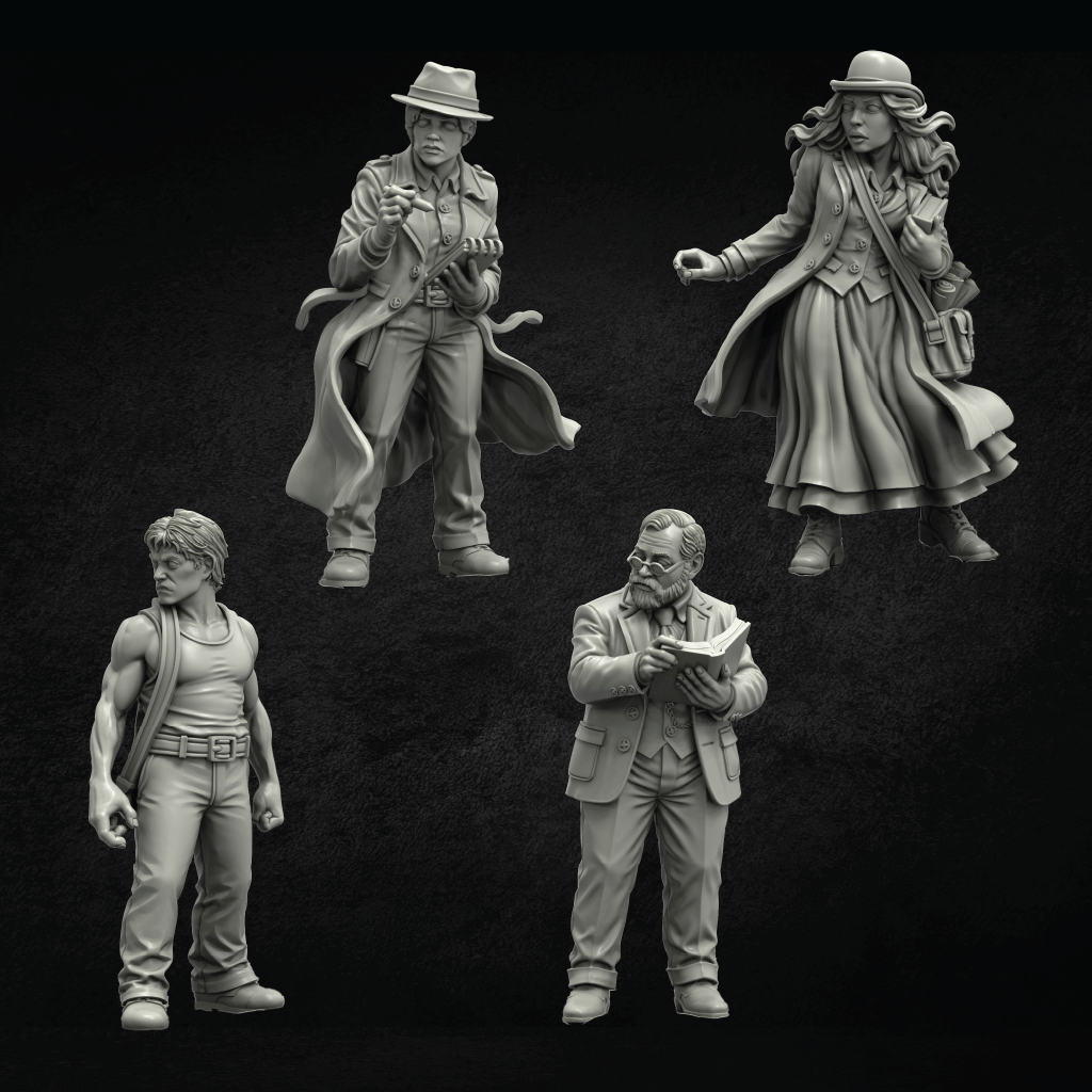 Four unpainted gray miniature figurines of characters in vintage clothing, shown against a dark textured background.