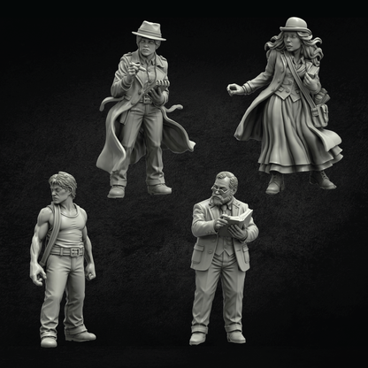 Four unpainted gray miniature figurines of characters in vintage clothing, shown against a dark textured background.