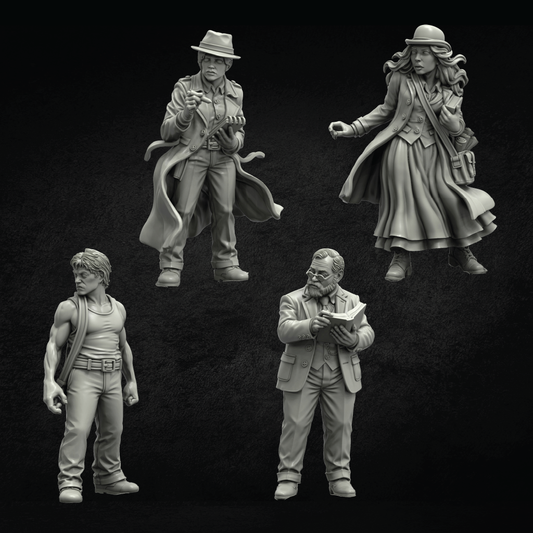 Four unpainted gray miniature figurines of characters in vintage clothing, shown against a dark textured background.