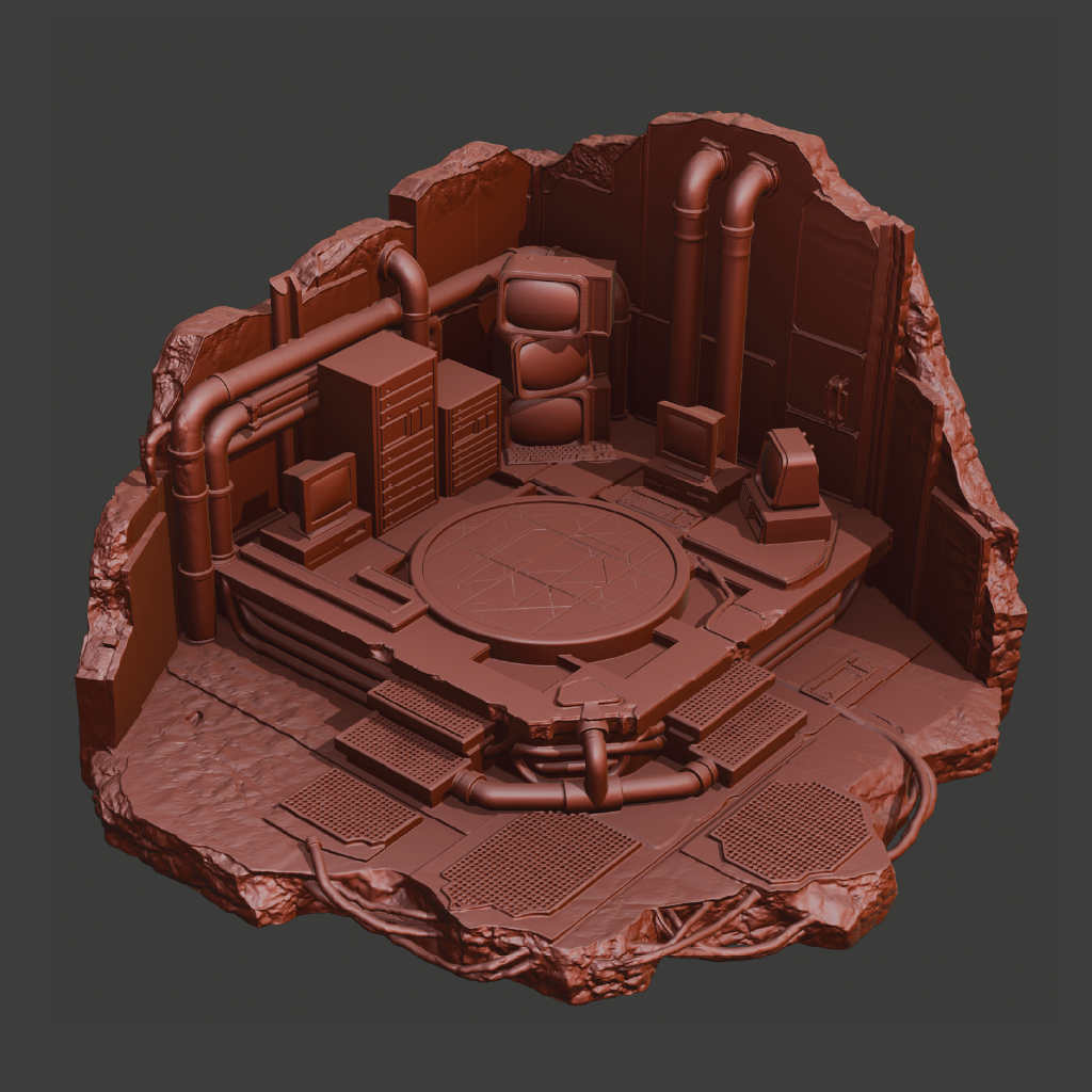 A 3D-printed miniature sci-fi industrial platform or base, shown in a solid reddish-brown resin-like color against a dark gray background.