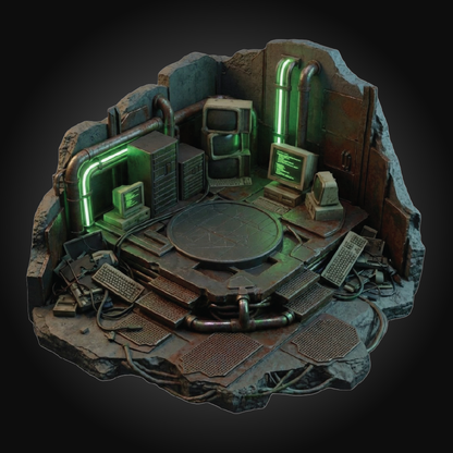 A highly detailed sci-fi miniature diorama set on a rocky baseplate, featuring retro computer monitors, glowing green neon lights, and futuristic console tables against a dark studio background.