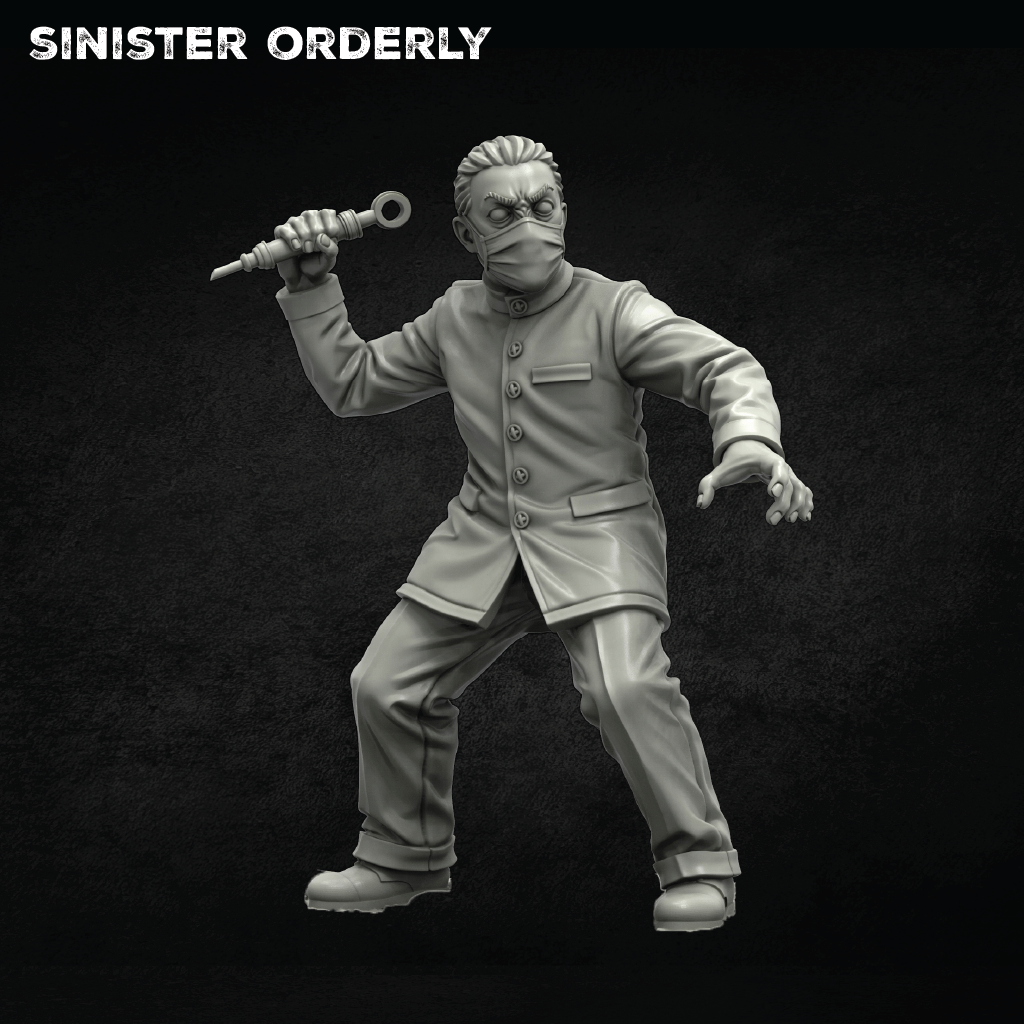An unpainted gray 3D-printable miniature figurine of a man in a trench coat and face mask holding a syringe, set against a dark textured background with the text 'SINISTER ORDERLY' at the top.