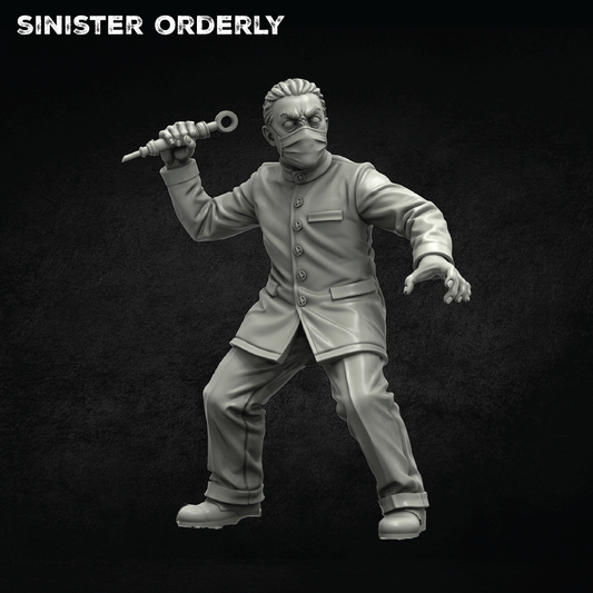 An unpainted gray 3D-printable miniature figurine of a man in a trench coat and face mask holding a syringe, set against a dark textured background with the text 'SINISTER ORDERLY' at the top.