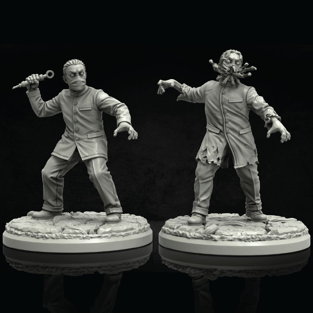 Two unpainted gray fantasy miniature figurines on round bases against a black background. One figure wears a suit and holds a knife, while the other has a grotesque mouth-like headpiece and tattered coat.