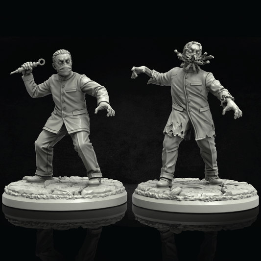 Two unpainted gray fantasy miniature figurines on round bases against a black background. One figure wears a suit and holds a knife, while the other has a grotesque mouth-like headpiece and tattered coat.
