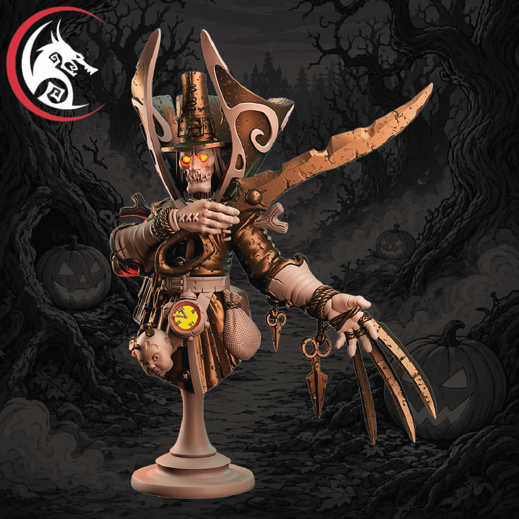 A painted tabletop miniature figurine of a skeletal wizard or necromancer character on a round display stand, set against a dark illustrated Halloween forest background with trees, pumpkins, and a red-and-white dragon logo in the top-left corner.