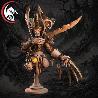 A painted tabletop miniature figurine of a skeletal wizard or necromancer character on a round display stand, set against a dark illustrated Halloween forest background with trees, pumpkins, and a red-and-white dragon logo in the top-left corner.
