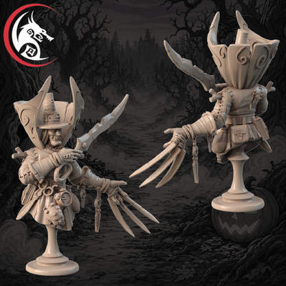 An unpainted fantasy miniature figurine shown from two angles on a dark illustrated forest background. The character has a large horned helmet, clawed gauntlets, and a tall hat, with a skull-like accessory hanging from the belt.
