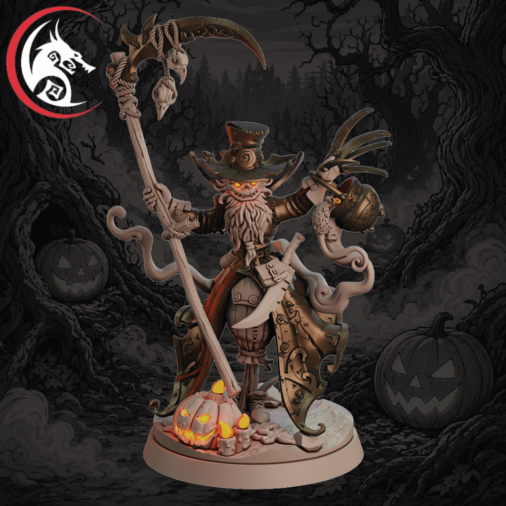 A 3D-rendered unpainted fantasy miniature of a grim reaper or Halloween wizard standing on a round base, holding a scythe and a carved pumpkin, with a dark spooky forest and jack-o'-lanterns in the background. A wolf-head logo appears in the top-left corner.