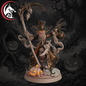 A 3D-rendered unpainted fantasy miniature of a grim reaper or Halloween wizard standing on a round base, holding a scythe and a carved pumpkin, with a dark spooky forest and jack-o'-lanterns in the background. A wolf-head logo appears in the top-left corner.